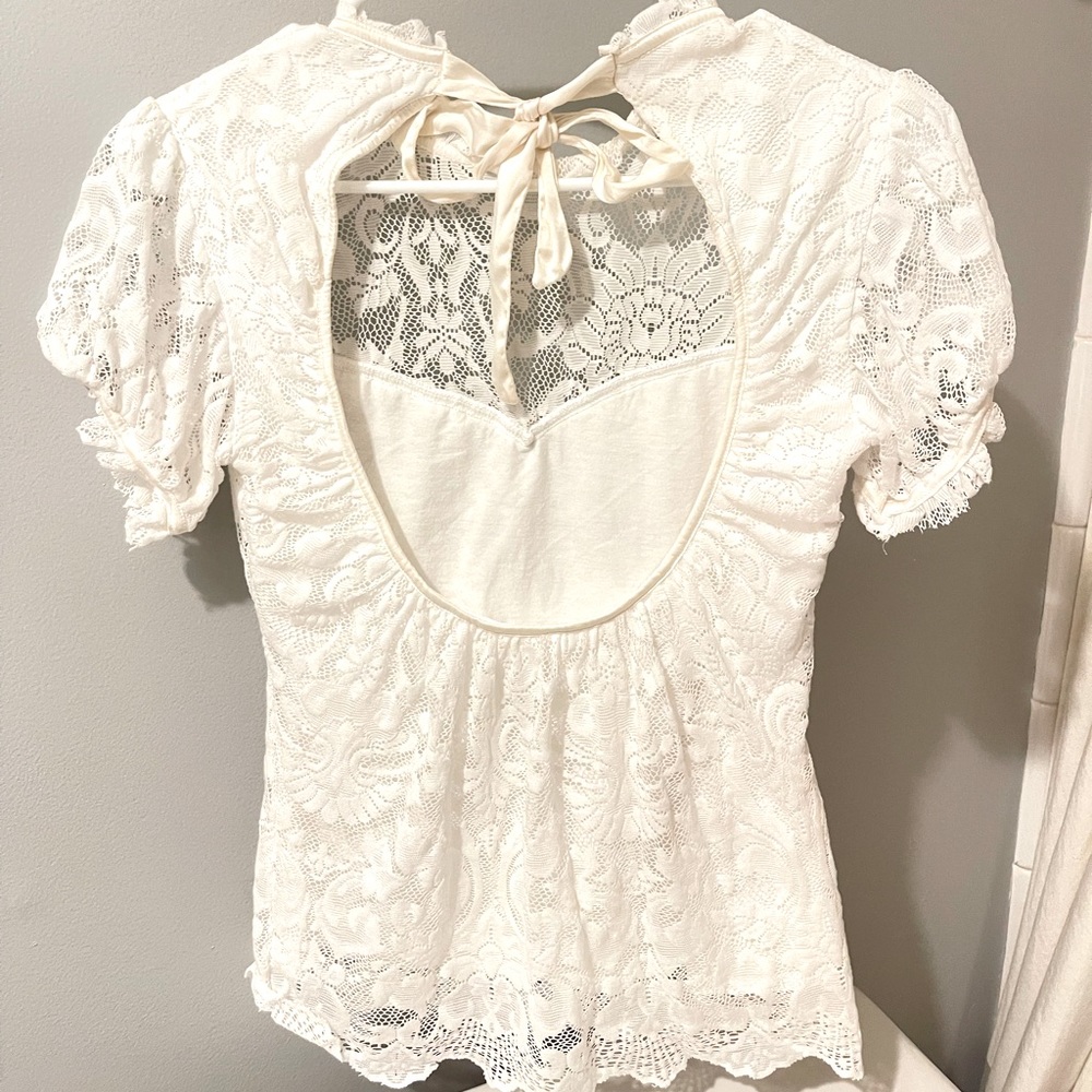 Lace white open back top